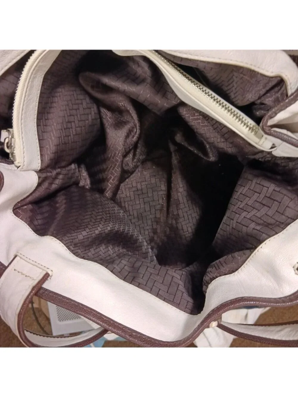 Cole Haan Leather Buckle Trim Multi Pocket Shoulder Bag Womens Ivory Brown